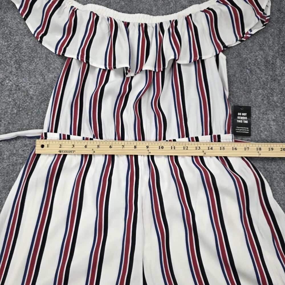 Express Romper Women Large White Stripe Off Shoulder Ruffle Belted Casual Jumper - Picture 11 of 16